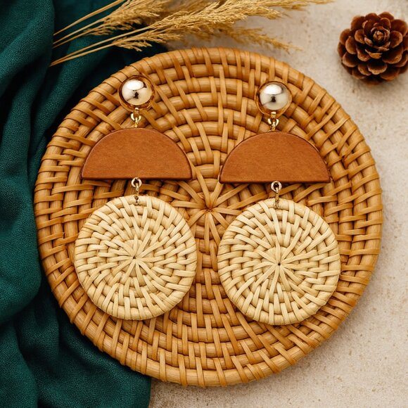 🆕️ Handmade Bohemian Rattan Wood Woven Drop Earrings 🌿 Lightweight Trendy - Picture 1 of 10